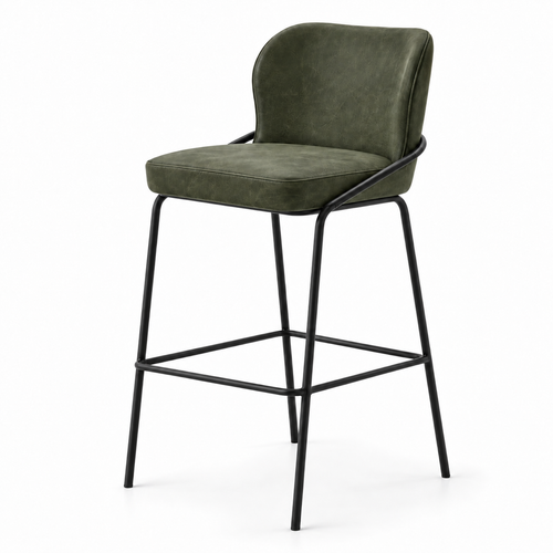 Banqueta Nature em couro de estofamento verde esmeralda com estrutura em metal preto, vista de frente