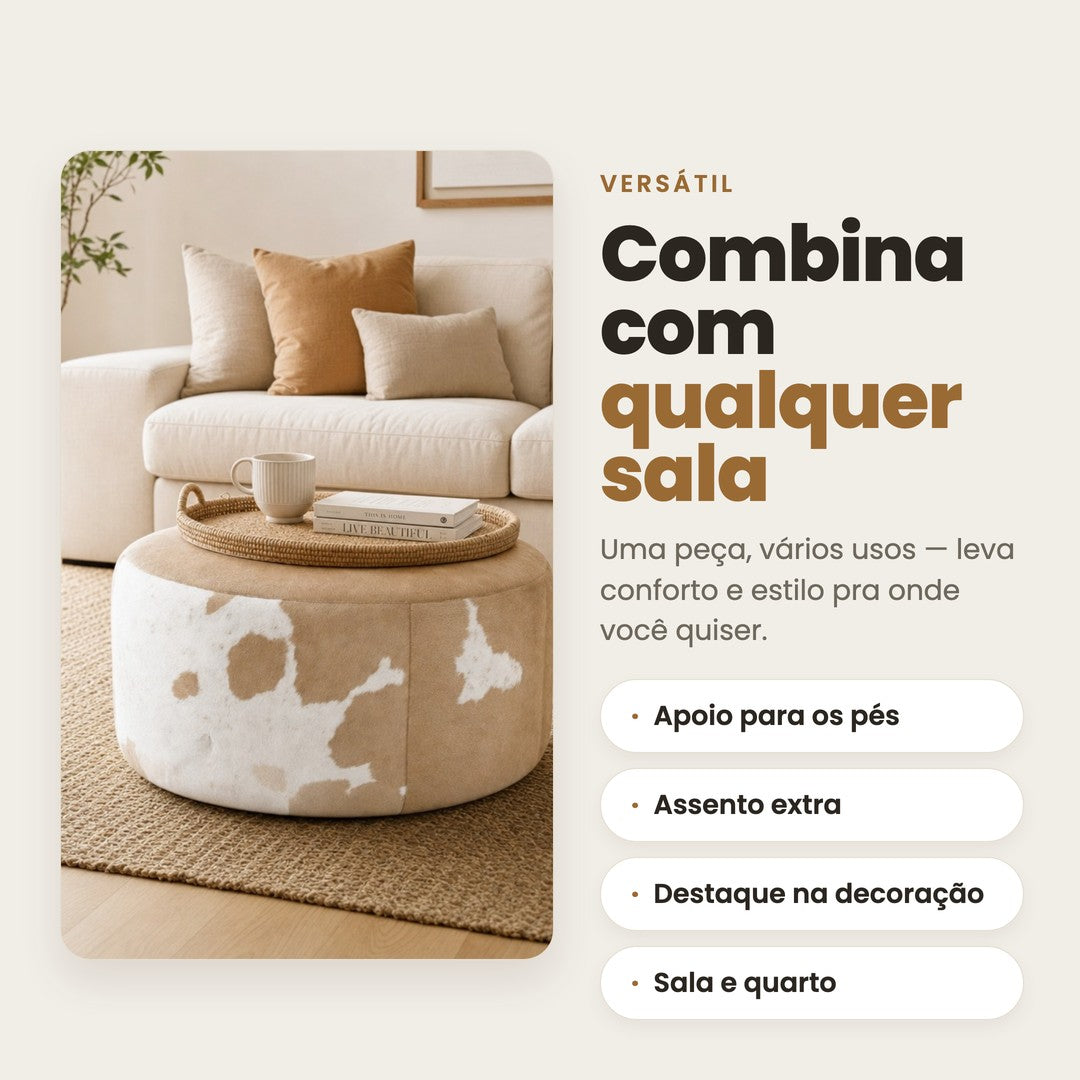 DECOURO · Puff Redondo em Couro Linha Premium Bege e Claro — Tamanho Grande (80 x 40 cm) PRONTA ENTREGA — Versatilidade