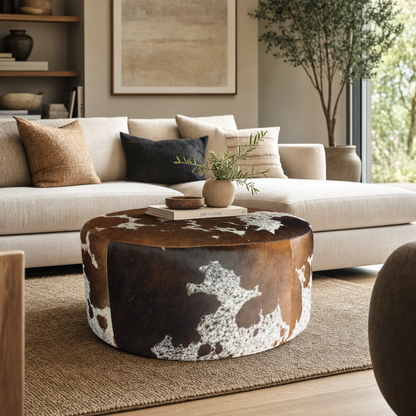 Puff Redondo em Couro Bovino Natural Malhado Salino Preto — Tamanho Grande (80 x 40 cm) PRONTA ENTREGA