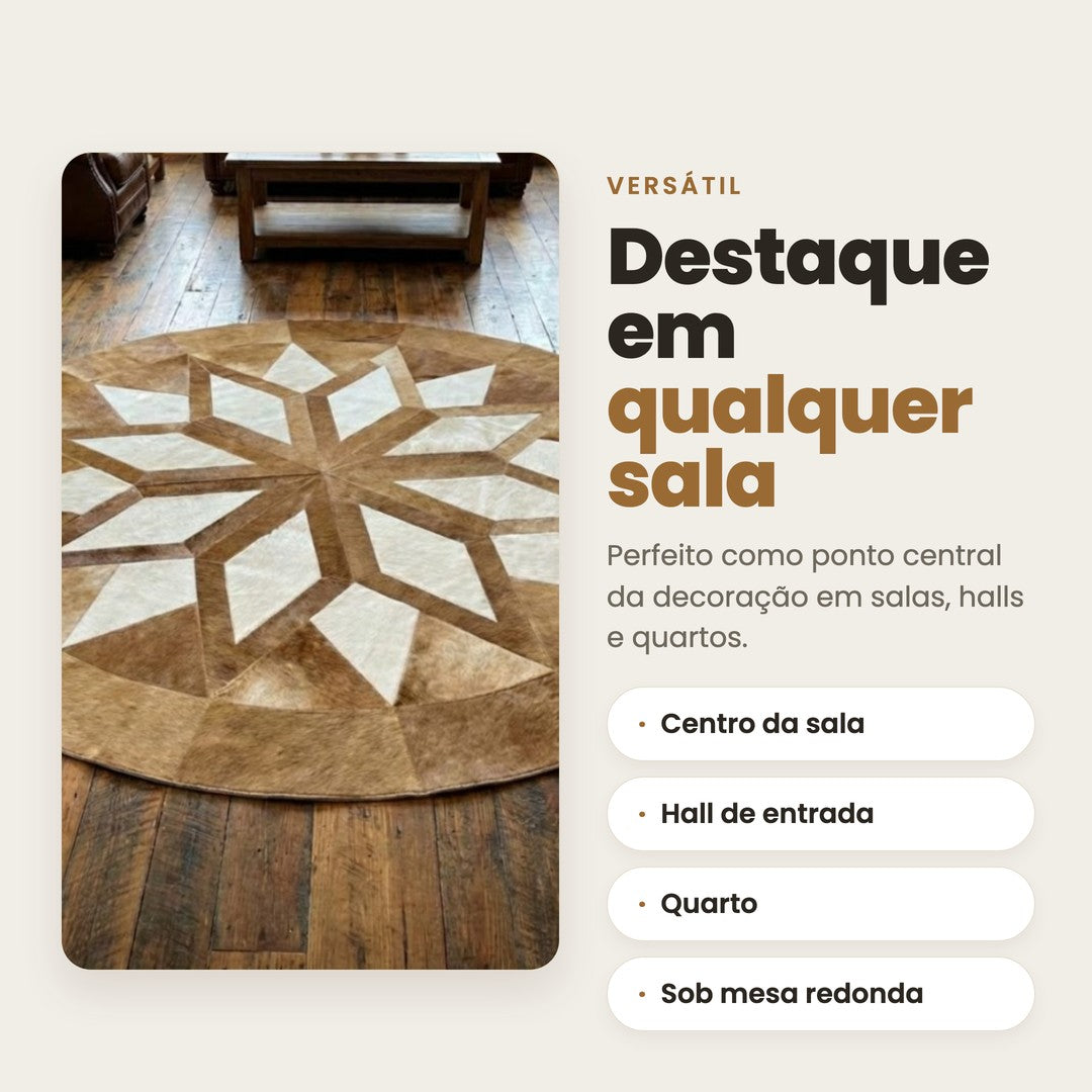 DECOURO · Tapete Mandala Estrela Dourada - Branco e Bege Escuro em Couro Legítimo — Versatilidade
