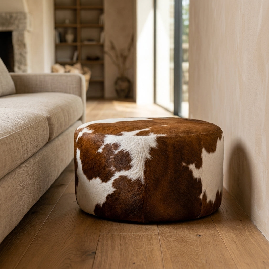 Puff de Couro Bovino Redondo Marrom e Branco – Premium – Médio (60×40 cm)