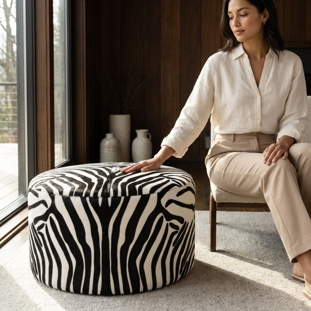 Puff Redondo Savana Zebra 60x40cm em Couro Legítimo com Serigrafia Animal Print