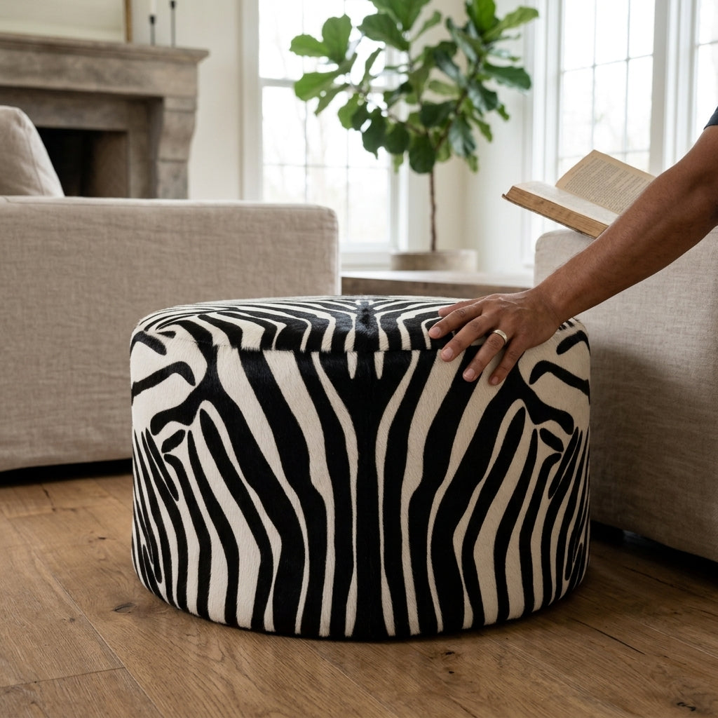 Puff Redondo Savana Zebra 60x40cm em Couro Legítimo com Serigrafia Animal Print