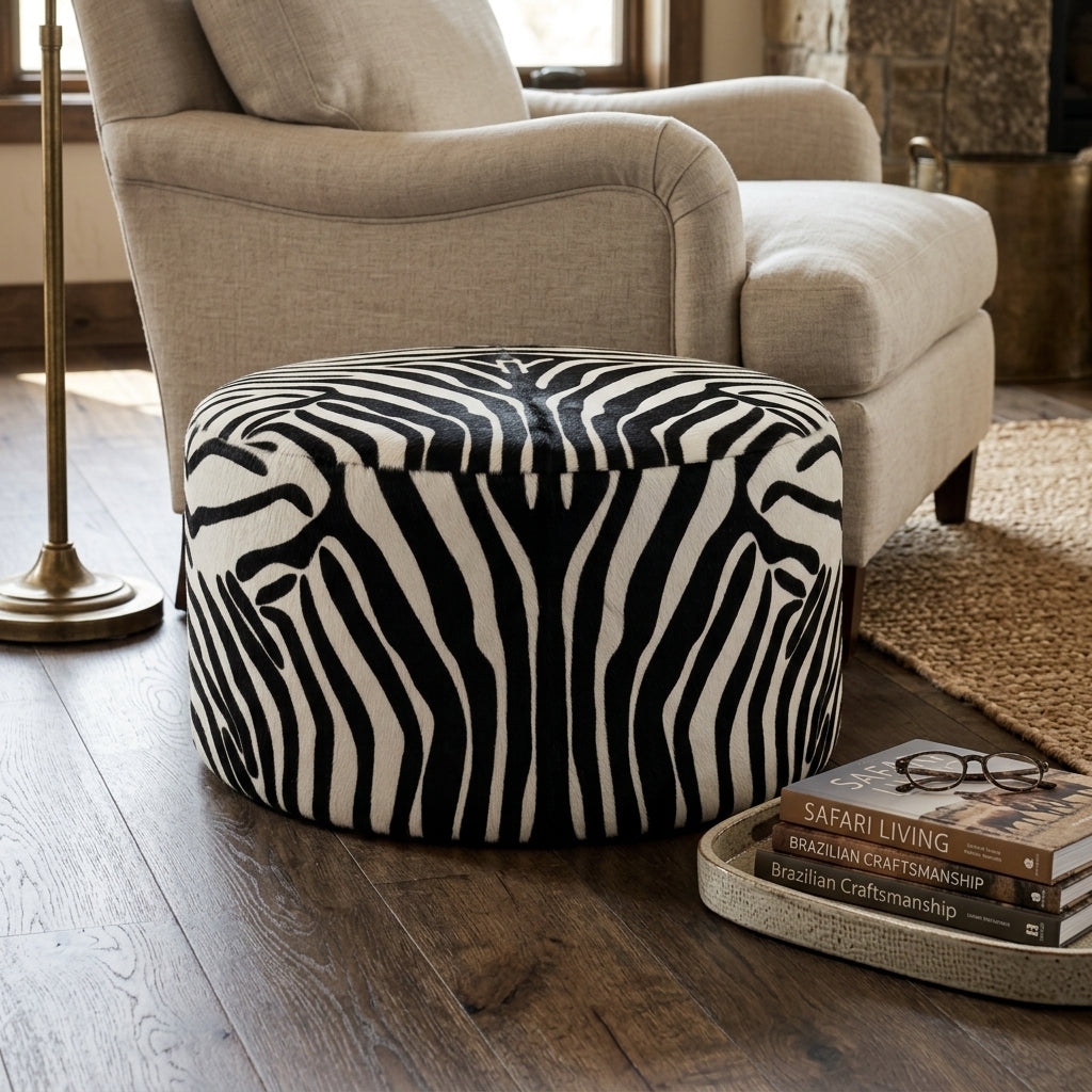 Puff Redondo Savana Zebra 60x40cm em Couro Legítimo com Serigrafia Animal Print