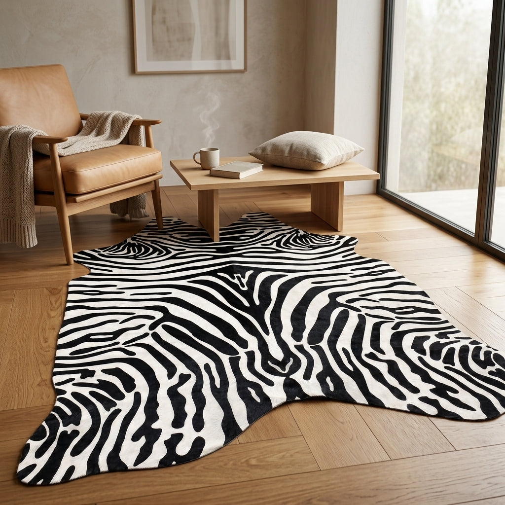 Tapete Bovino Serigrafia Zebra I 2.35m x 1.76m em Couro Legítimo — foto de ambiente 1:1