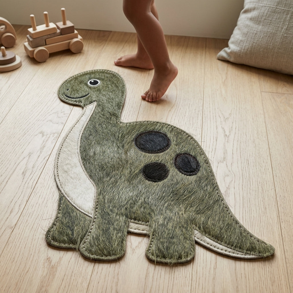 Tapete Infantil Dinossauro Pescoçudo em Couro Bovino 100% Natural – Feito à Mão — foto de ambiente 1:1