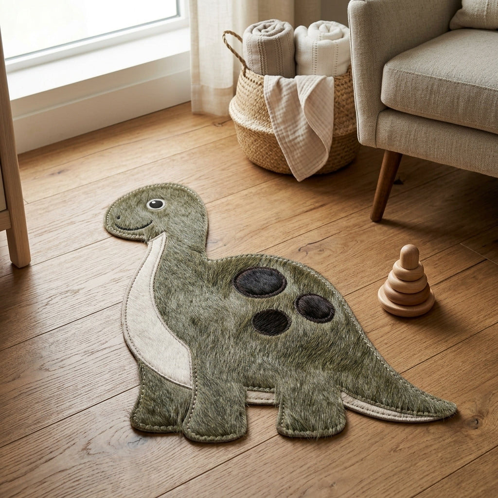 Tapete Infantil Dinossauro Pescoçudo em Couro Bovino 100% Natural – Feito à Mão — foto de ambiente 1:1