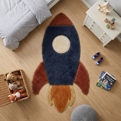Foguete em couro natural no cantinho de leitura do quarto infantil