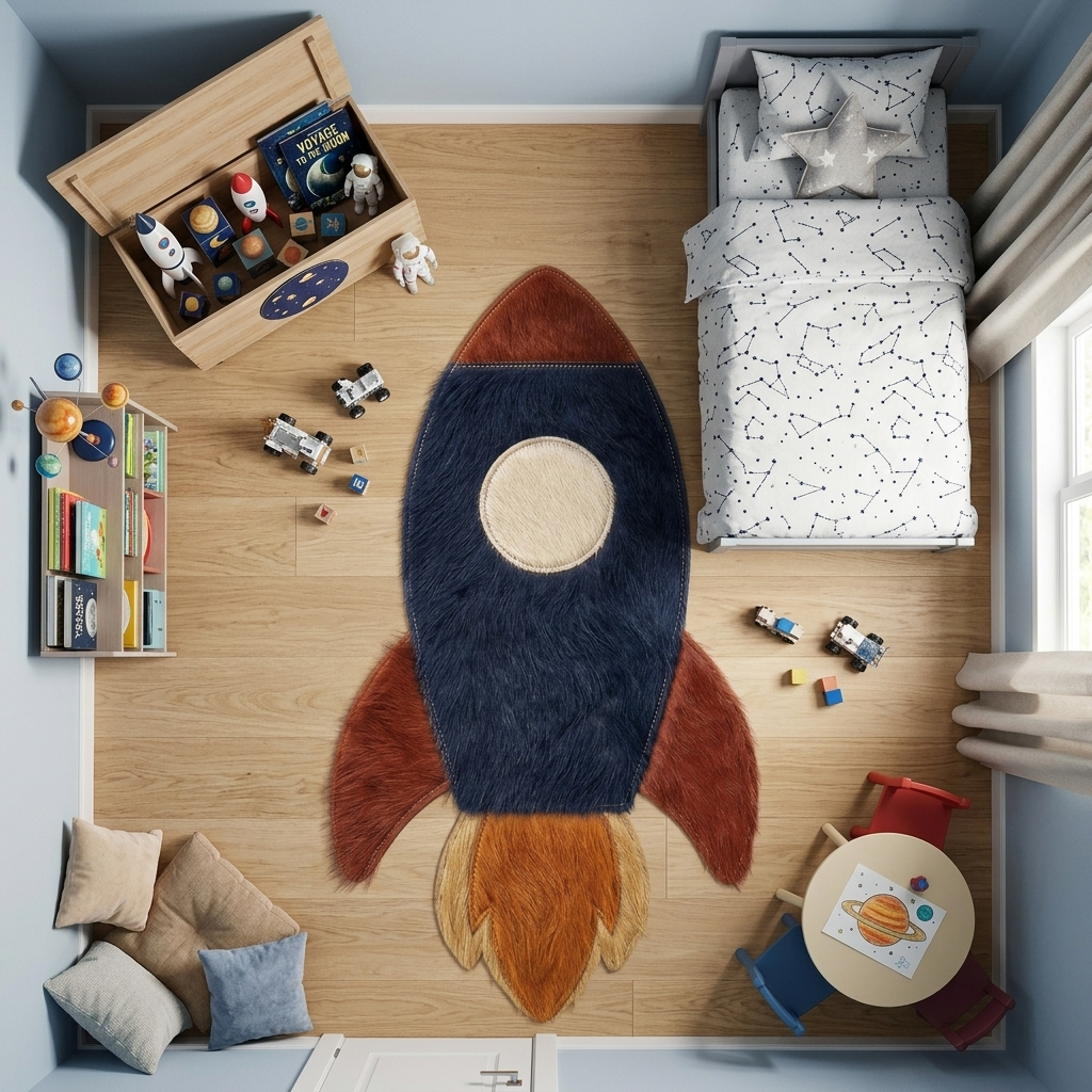 Tapete Foguete de couro natural em quarto montessoriano