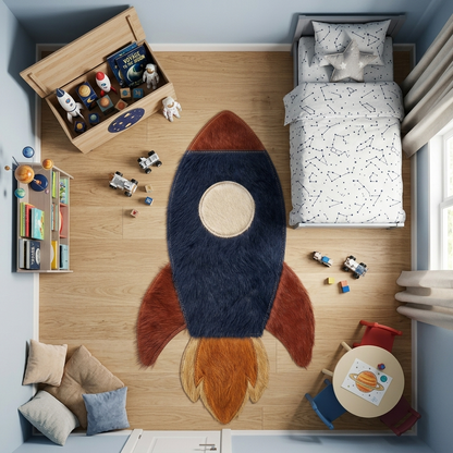Tapete Foguete de couro natural em quarto montessoriano