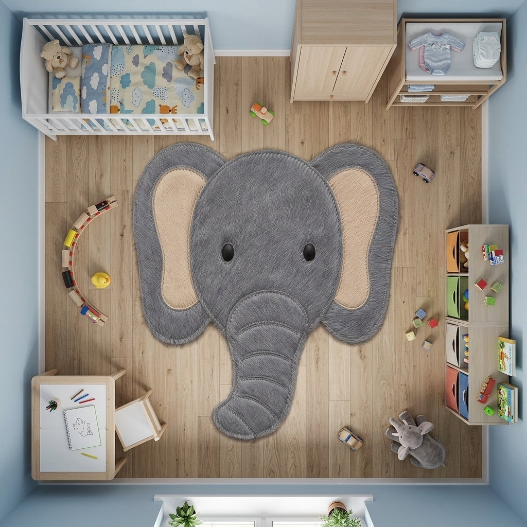 Detalhe da costura à mão do tapete infantil Elefante em couro legítimo