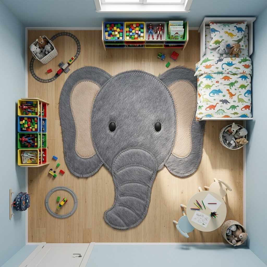 Tapete Elefante de couro natural em quarto montessoriano