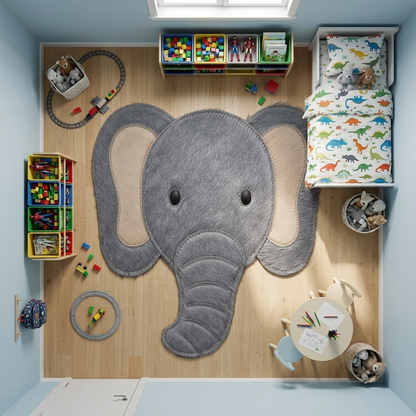 Tapete Elefante de couro natural em quarto montessoriano
