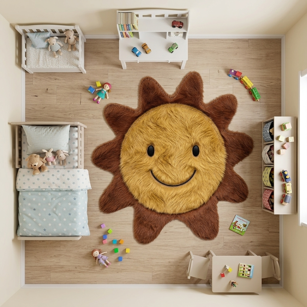 Tapete Sol Sorridente de couro natural em quarto montessoriano