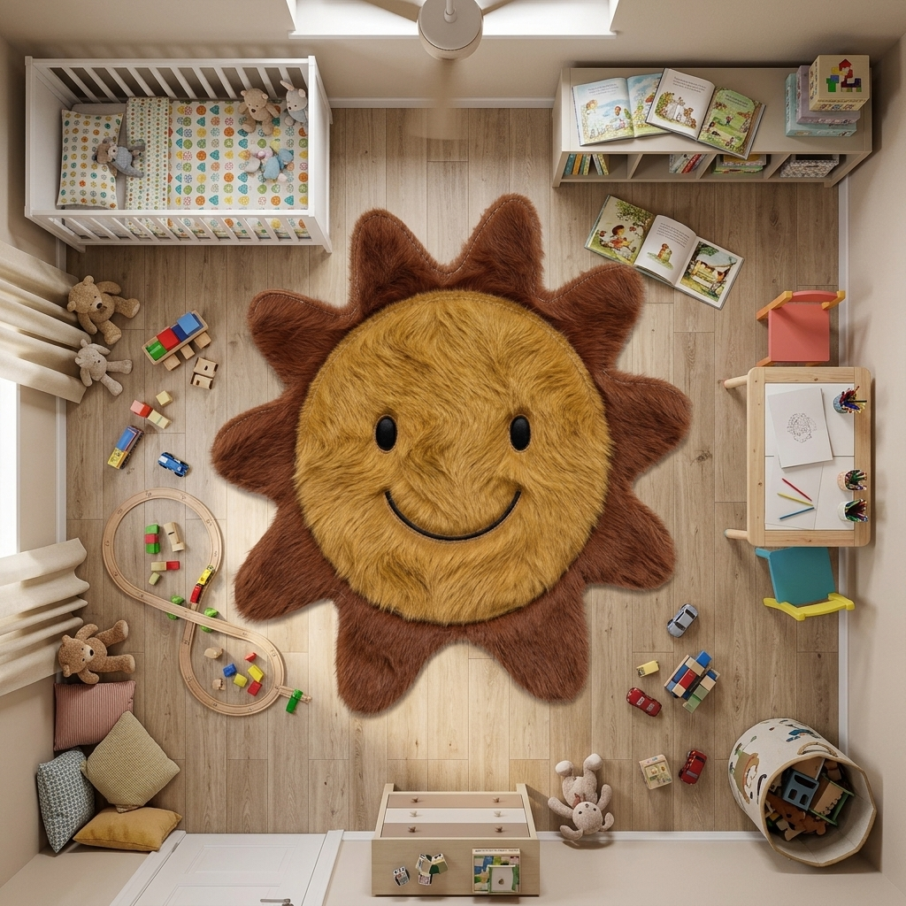 Sol Sorridente em couro natural no cantinho de leitura do quarto infantil