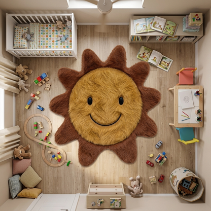 Sol Sorridente em couro natural no cantinho de leitura do quarto infantil
