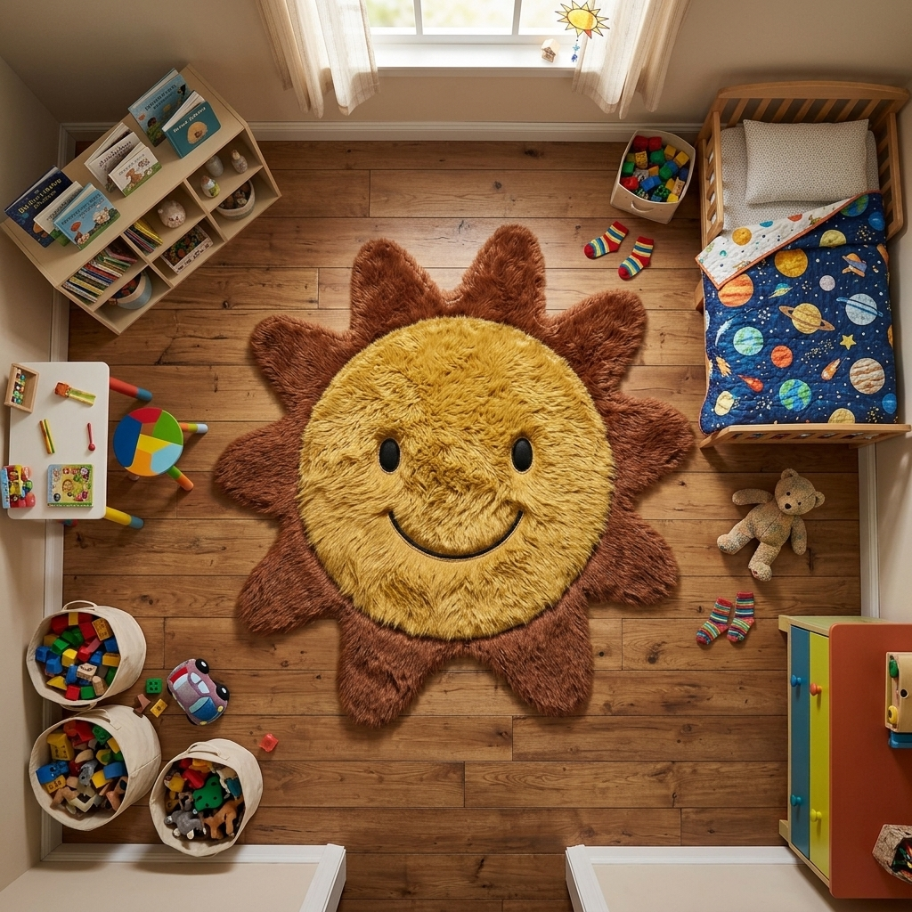 Detalhe da costura à mão do tapete infantil Sol Sorridente em couro legítimo