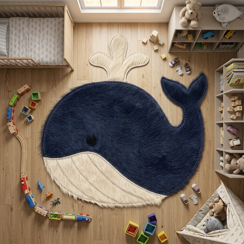 Baleia em couro natural no cantinho de leitura do quarto infantil