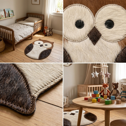 Tapete Coruja de couro natural em quarto montessoriano