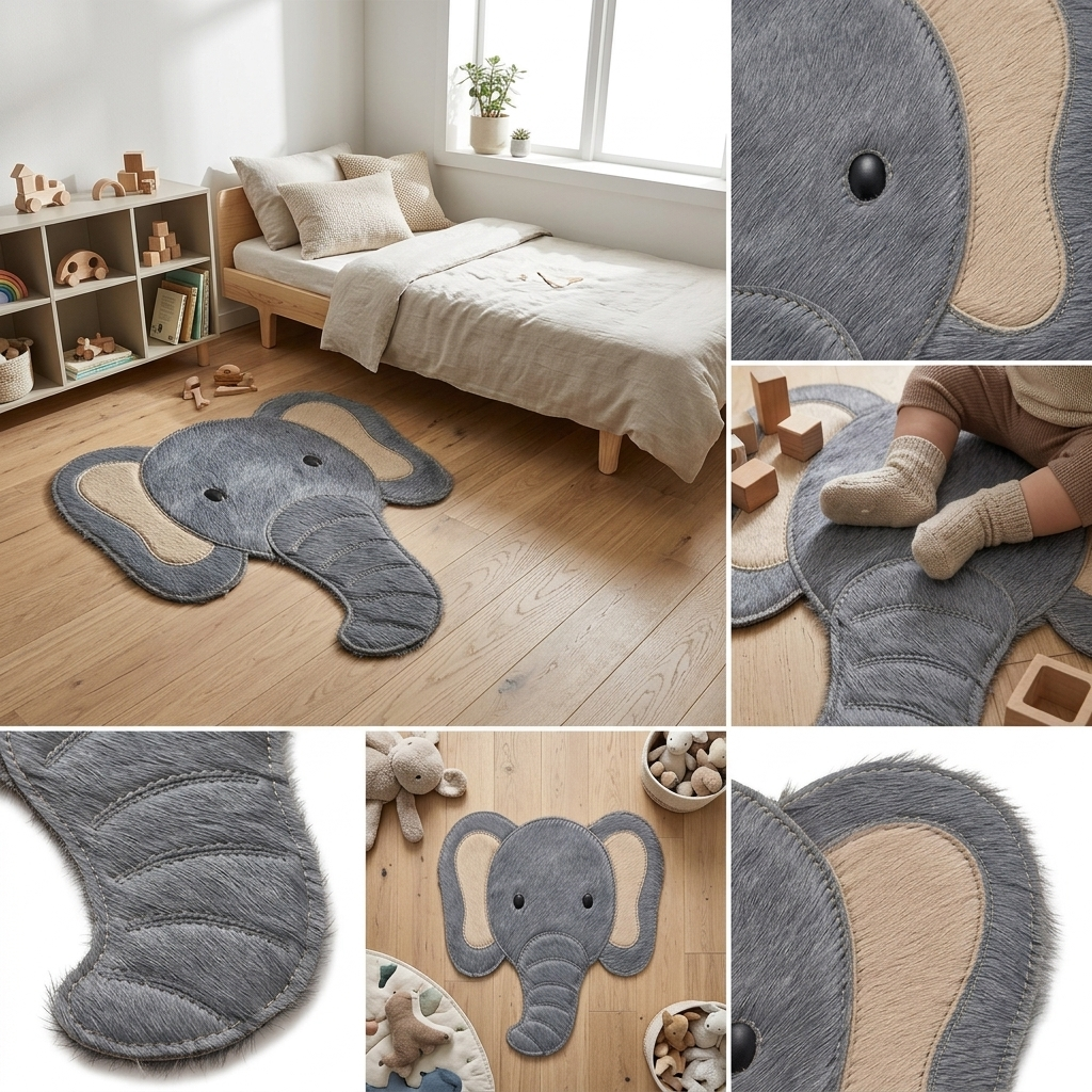 Tapete infantil Elefante — vista completa da peça em couro natural