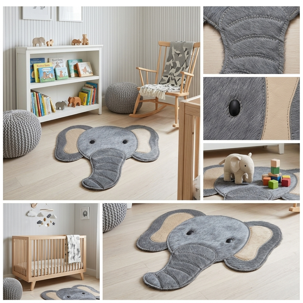 tapete infantil elefante — textura do couro bovino natural em close