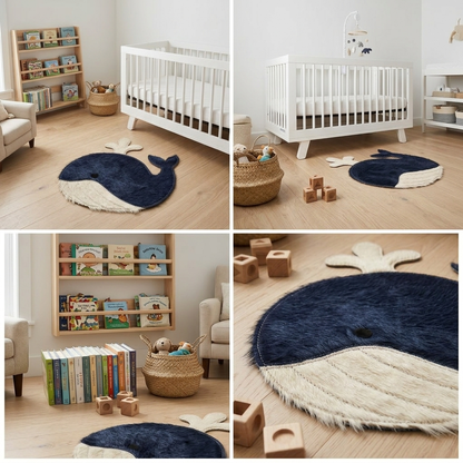 Tapete Baleia de couro natural em quarto montessoriano