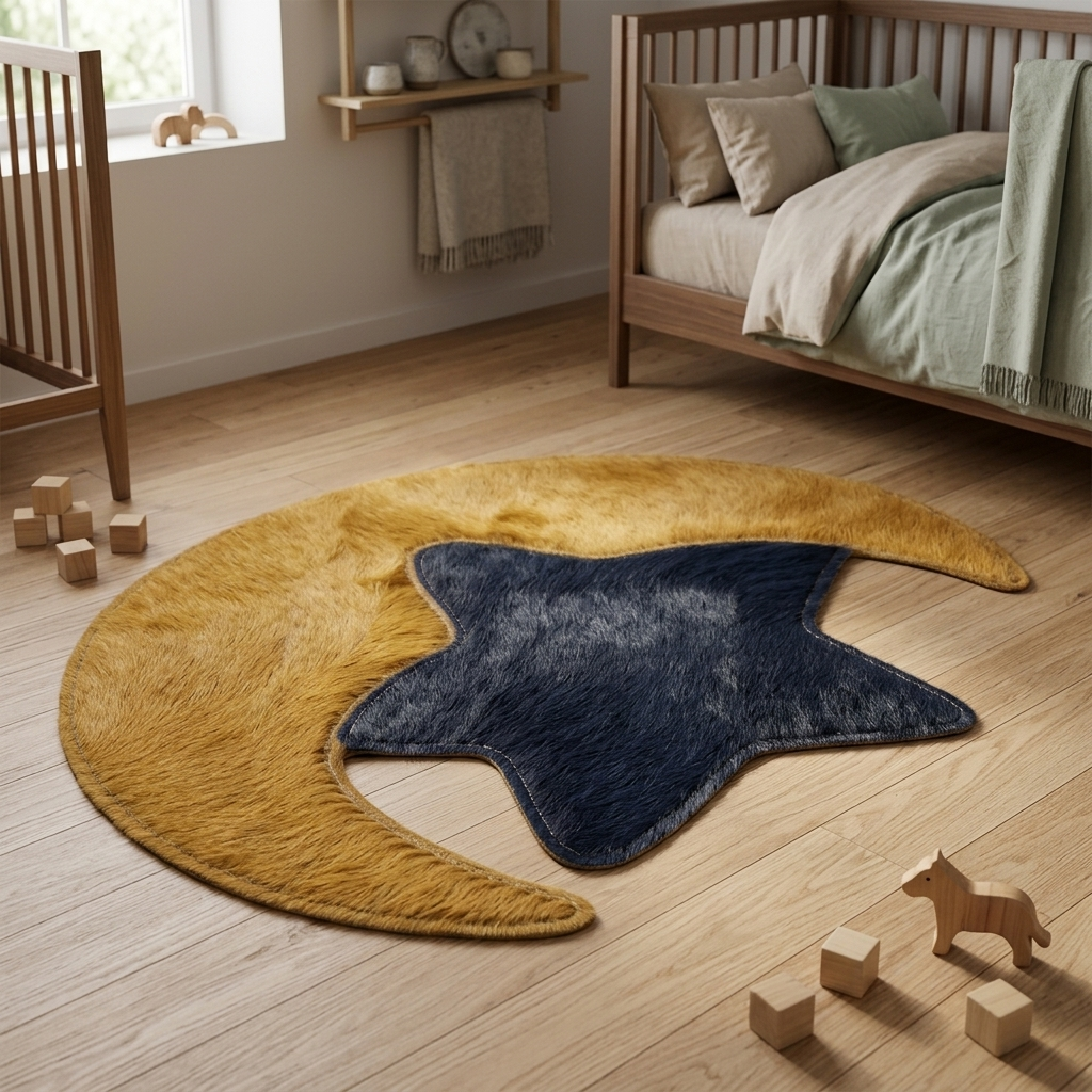 Tapete Lua e Estrela de couro natural em quarto montessoriano