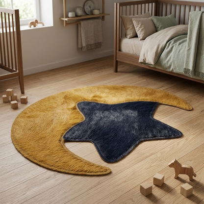 Tapete Lua e Estrela de couro natural em quarto montessoriano