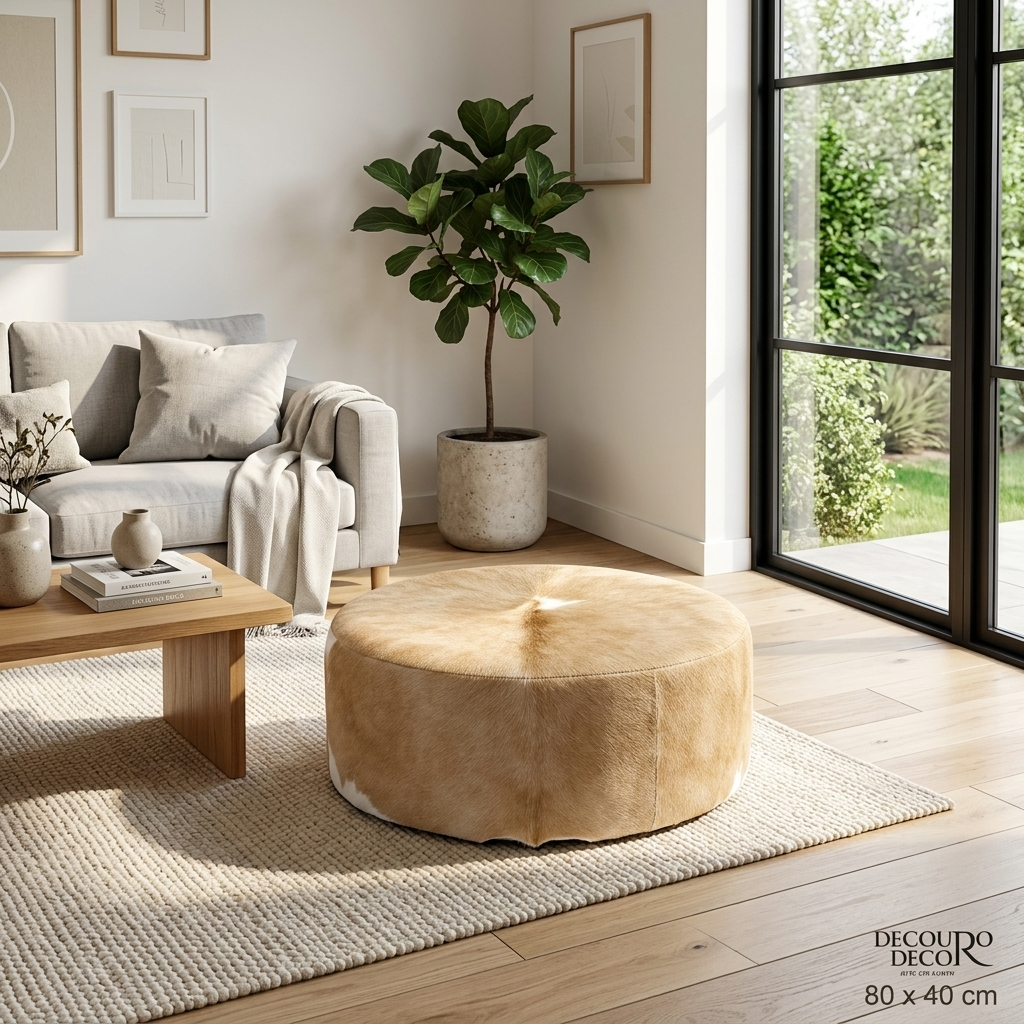 Puff Redondo em Couro Bovino Natural Bege Claro 80x40 cm — foto real 4
