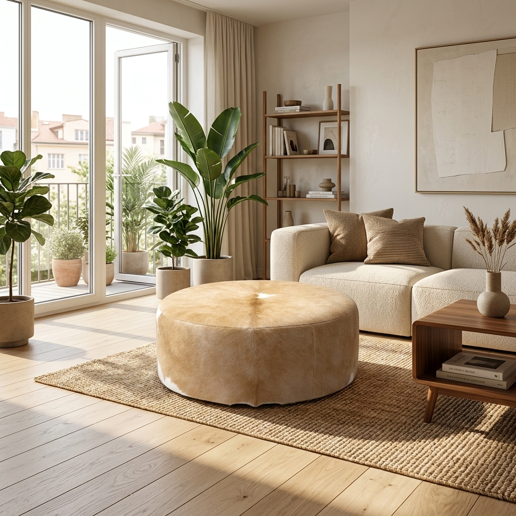 Puff Redondo em Couro Bovino Natural Bege Claro 80x40 cm — foto real 4