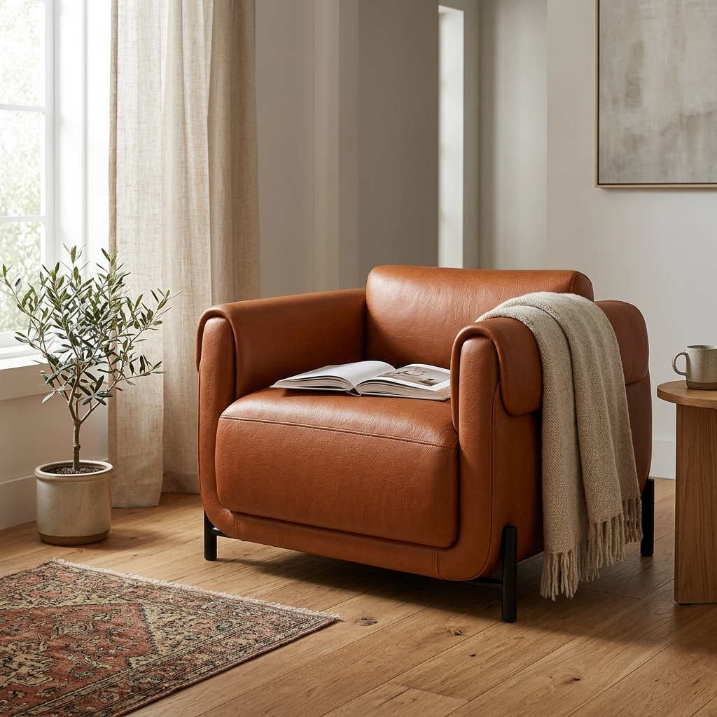Poltrona Plush Terracota — Couro Legítimo e Base Metálica Preta — em ambiente decorado