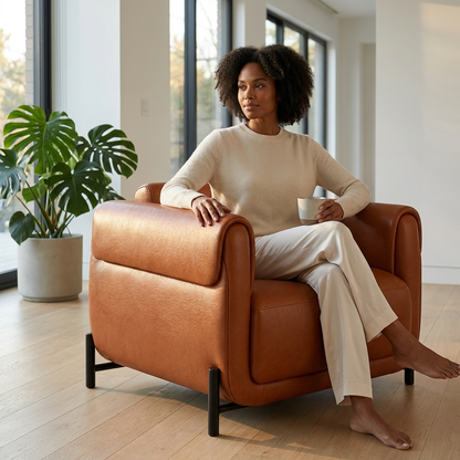 Poltrona Plush Terracota — Couro Legítimo e Base Metálica Preta — em ambiente decorado