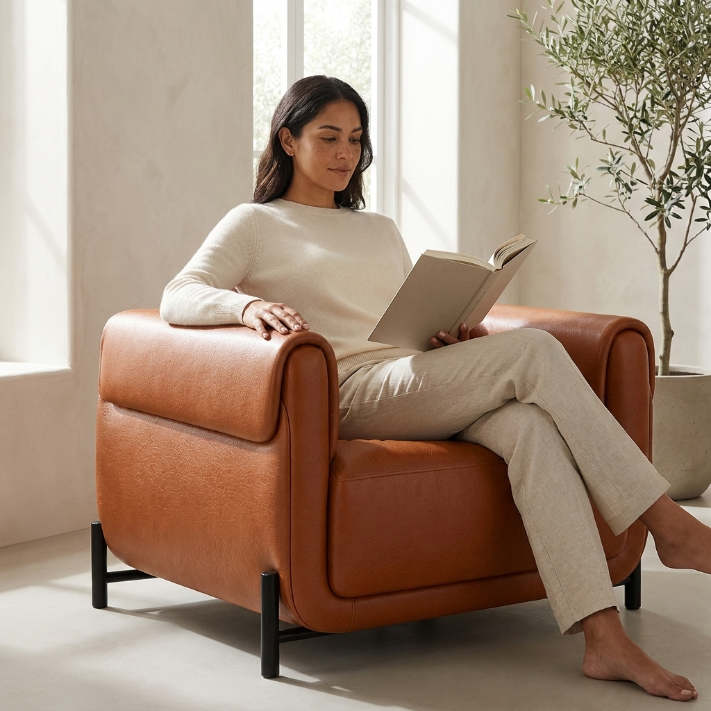 Poltrona Plush Terracota — Couro Legítimo e Base Metálica Preta — em ambiente decorado
