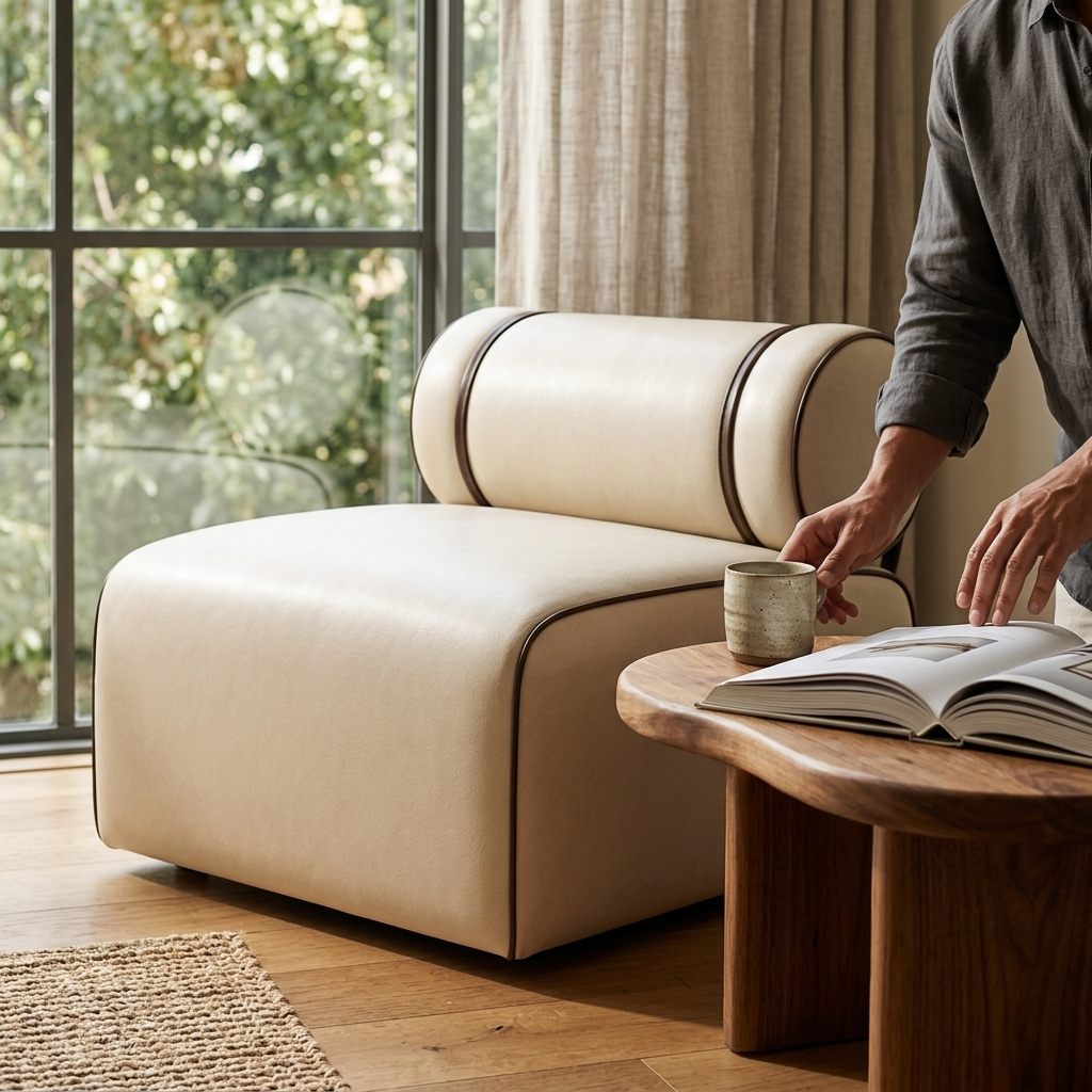 Módulo do Sofá Modular Marfim em living com janela ampla, ao lado de mesa de centro redonda de madeira
