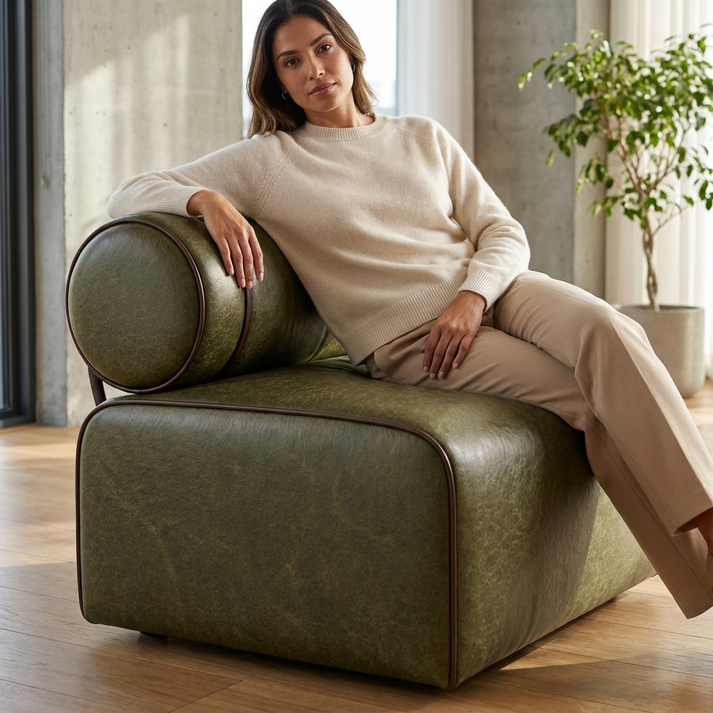 Mulher sentada em um módulo do Sofá Modular Verde Esmeralda, em sala clara com planta ao fundo