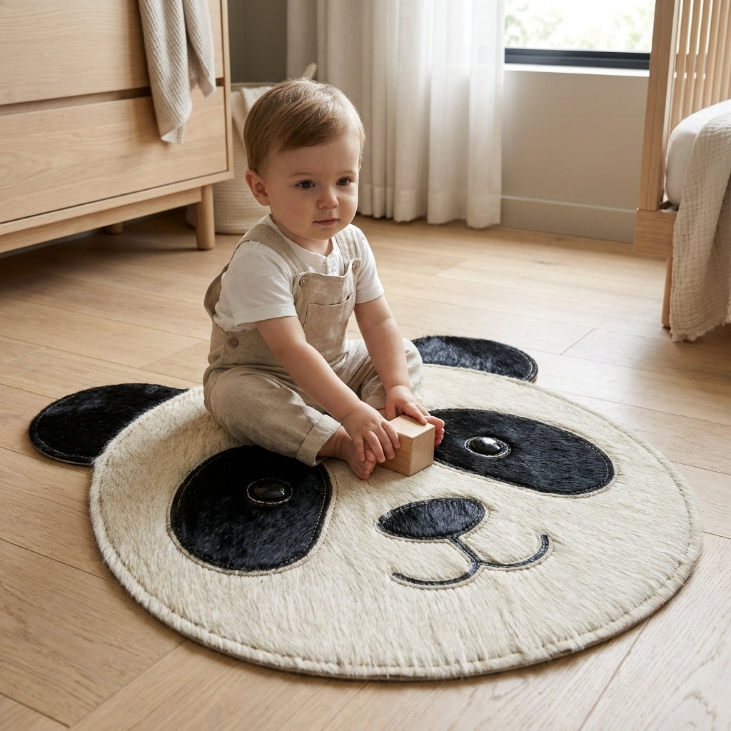 Tapete Infantil Carinha de Panda em Couro Bovino 100% Natural – Feito à Mão — foto de ambiente 1:1