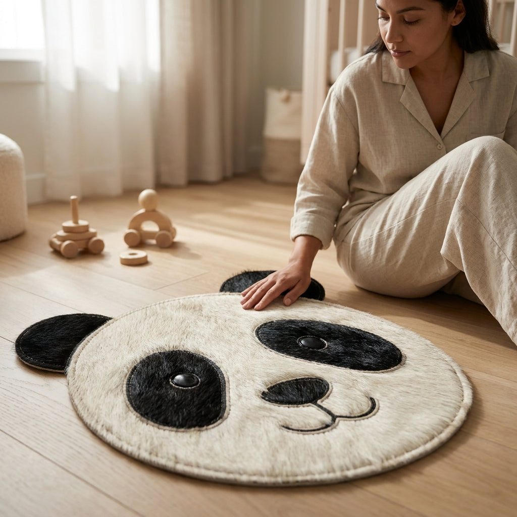 Tapete Infantil Carinha de Panda em Couro Bovino 100% Natural – Feito à Mão — foto de ambiente 1:1