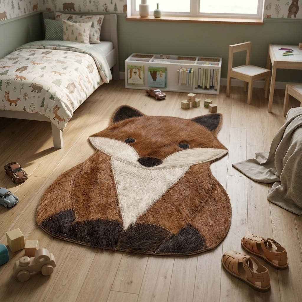 Raposa em couro bovino no quarto infantil com decoração neutra