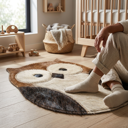 Tapete infantil Coruja — vista completa da peça em couro natural