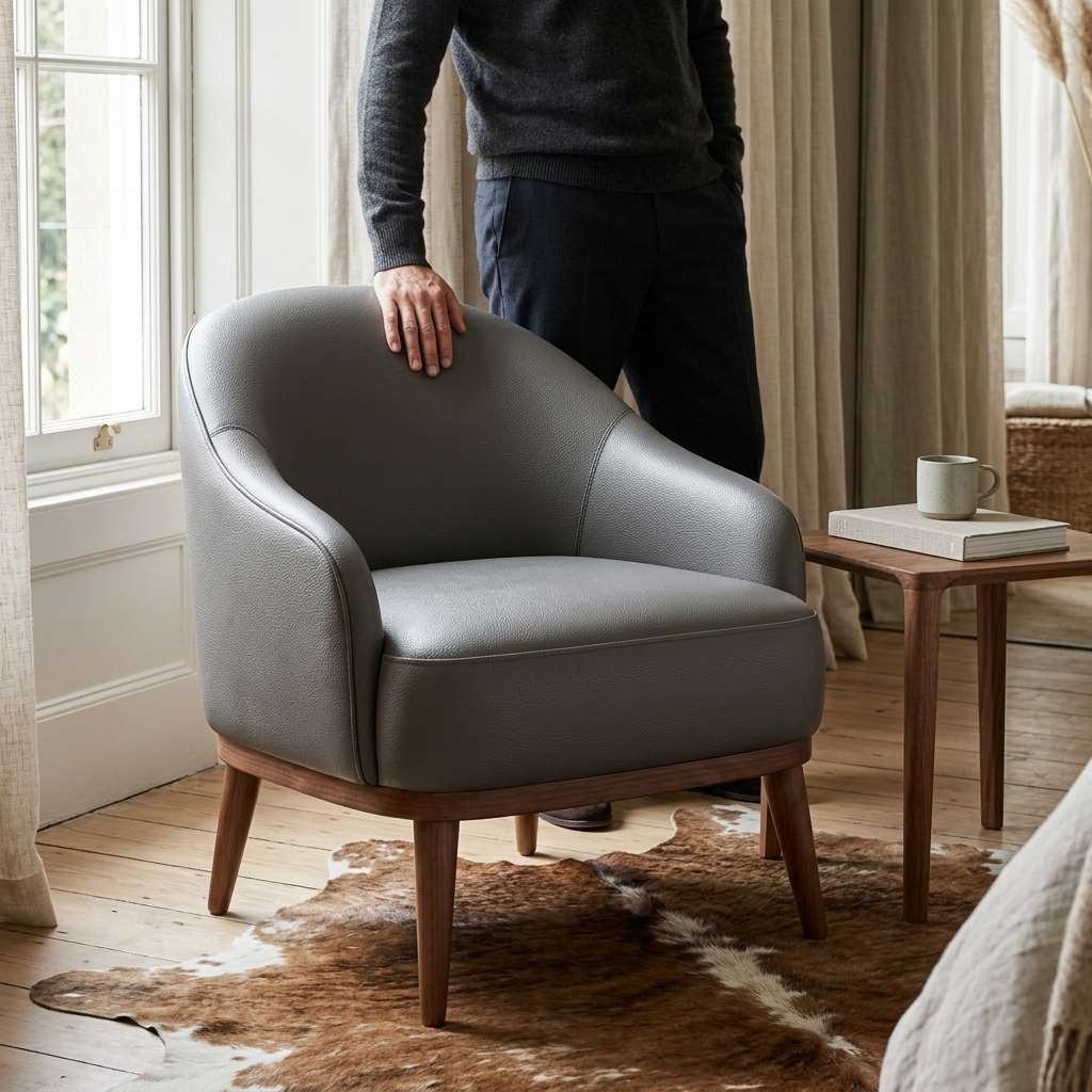 Poltrona Paris Chumbo em couro legítimo em ambiente decorado — espuma D23 no encosto, assento e base
