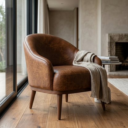 Poltrona Paris Caramelo em couro legítimo em ambiente decorado — assento a 44 cm do chão