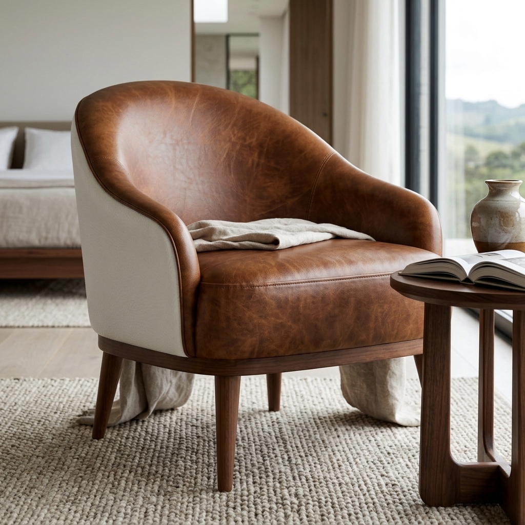 Poltrona Paris Marrom e Branca em pele natural em ambiente decorado — couro liso estofado na frente e no assento