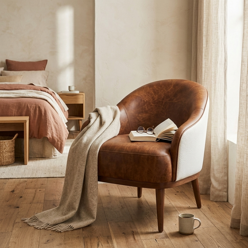 Poltrona Paris Marrom e Branca em pele natural em ambiente decorado — espuma D23 no encosto, assento e base