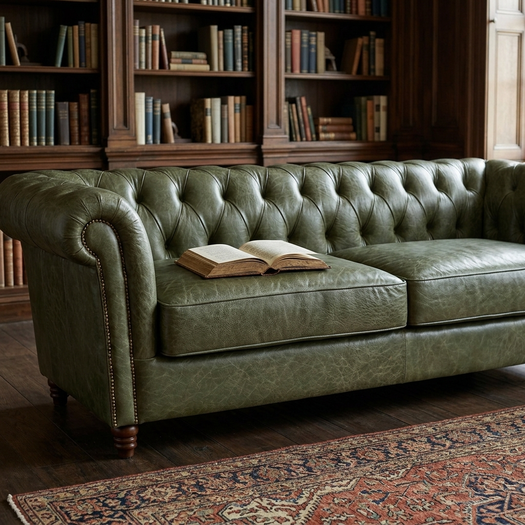 Sofá Chesterfield Verde Esmeralda diante de estante de livros, com livro aberto no assento