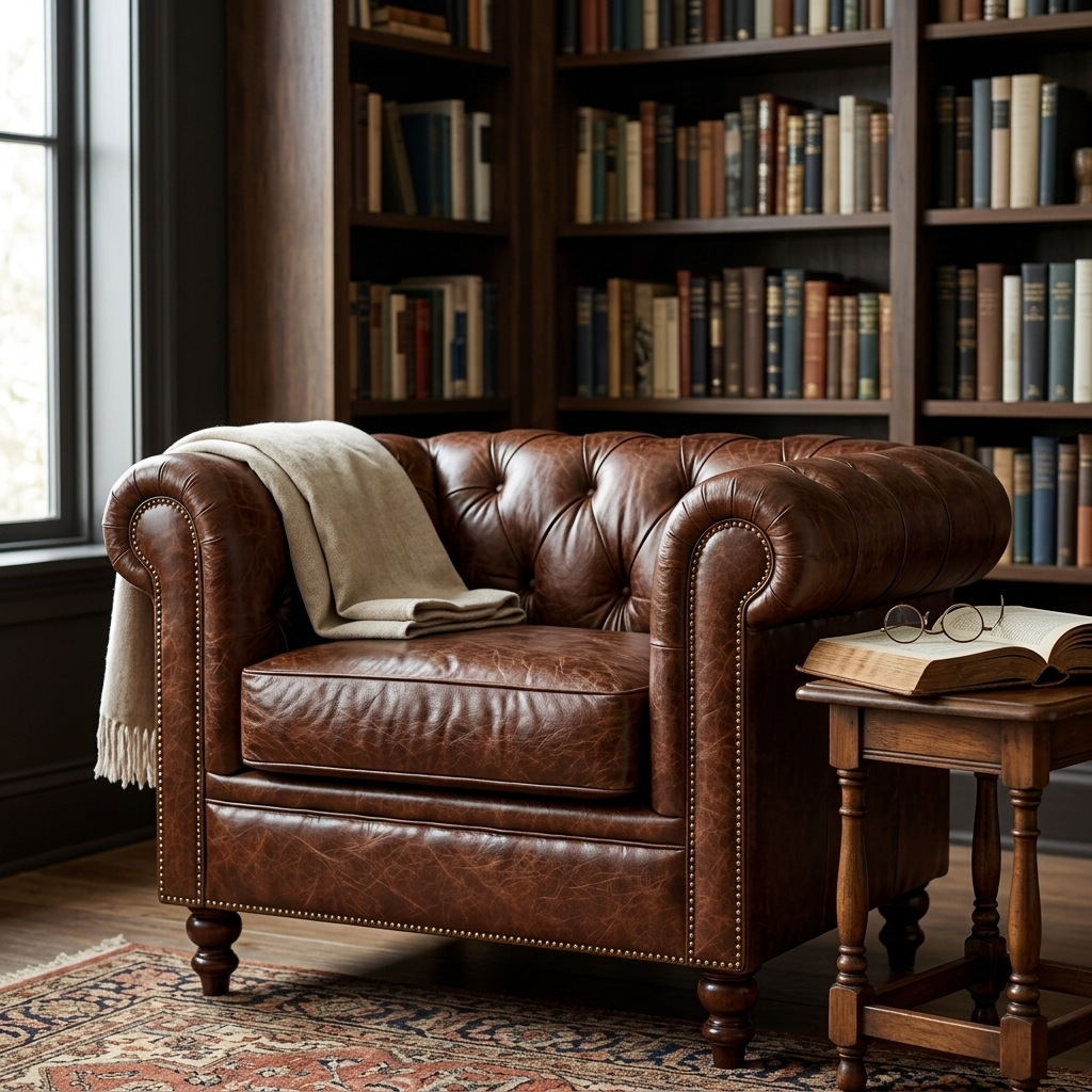 Poltrona Chesterfield Tabaco em biblioteca, com manta no braço e livro aberto na mesa lateral