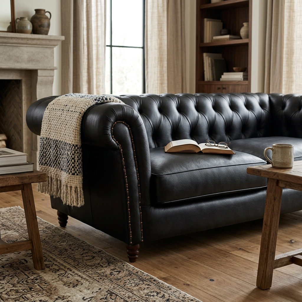 Sofá Chesterfield Preto Grafite em living com manta xadrez, tapete persa e mesa de centro de madeira
