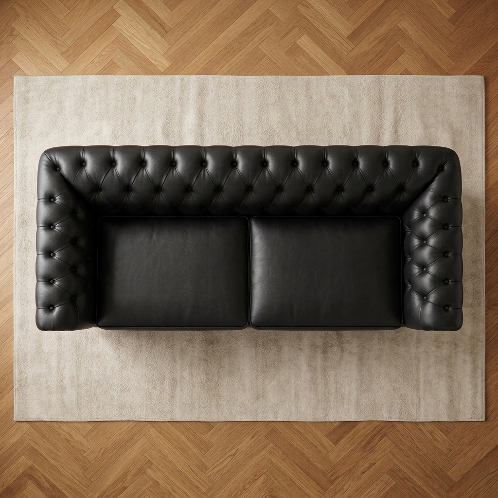 Sofá Chesterfield Preto Grafite de 2 lugares visto de cima, sobre tapete claro e piso espinha de peixe