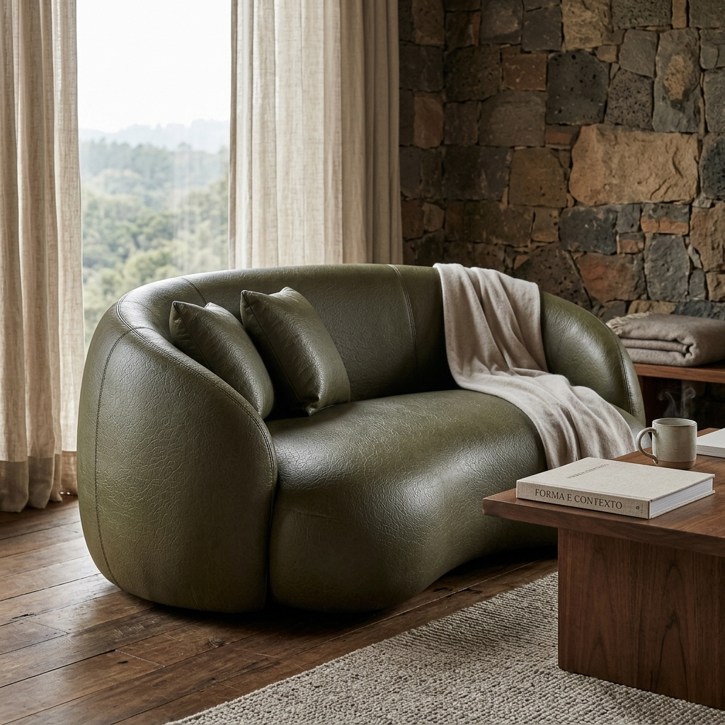 Sofá Orgânico Curvo Verde Oliva em sala com parede de pedra e vista para o vale, com manta e mesa de centro