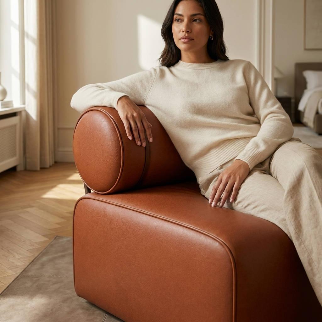 Mulher recostada no módulo do Sofá Modular Terracota, em ambiente claro com luz lateral