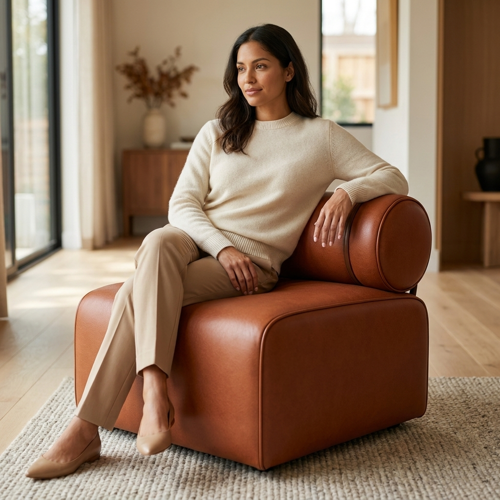 Mulher sentada em um módulo do Sofá Modular Terracota, em sala com aparador e vaso de flores secas